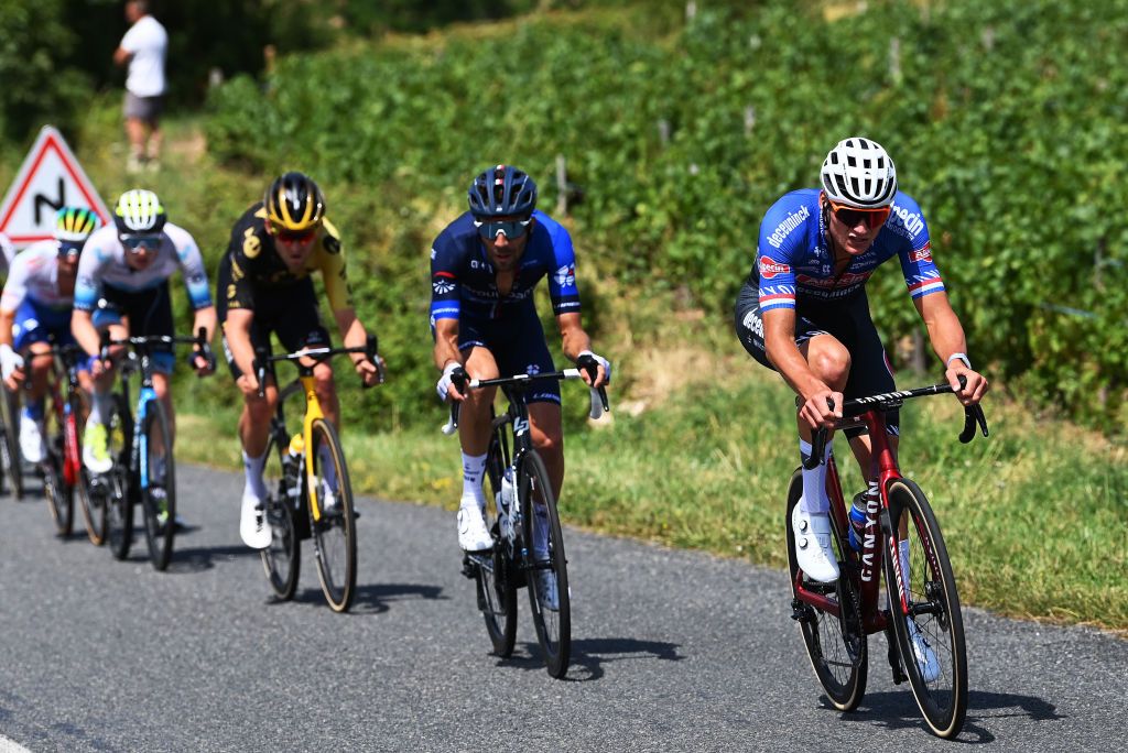BELLEVILLEENBEAUJOLAIS FRANCE JULY 13 LR Thibaut Pinot of France and Team GroupamaFDJ and Mathieu Van Der Poel of The Netherlands and Team AlpecinDeceuninck compete in the breakaway during the stage twelve of the 110th Tour de France 2023 a 1688km stage from Roanne to Belleville en Beaujolais UCIWT on July 13 2023 in Belleville en Beaujolais France Photo by Tim de WaeleGetty Images
