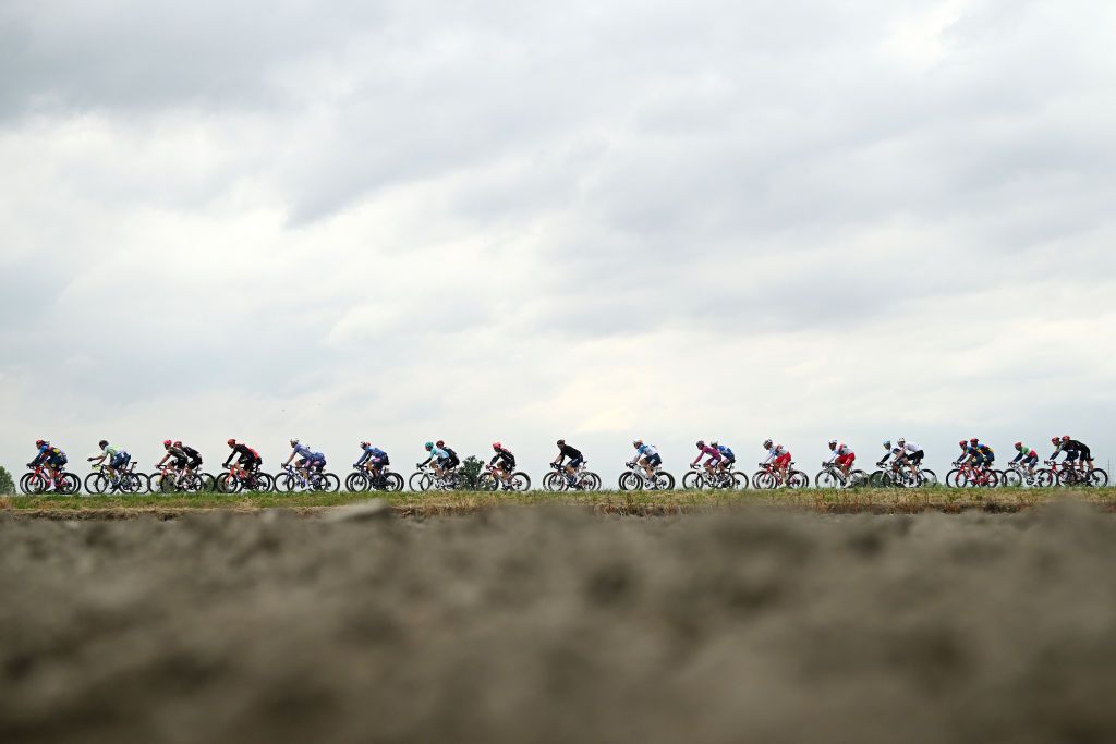 FOSSANO ITALY MAY 06 A general view of Filippo Fiorelli of Italy and Team VF Group Bardiani CSF Faizane Purple Points Jersey and the peloton passing through a landscape during the 107th Giro dItalia 2024 Stage 3 a 166km stage from Novara to Fossano 374m UCIWT on May 06 2024 in Fossano Italy Photo by Dario BelingheriGetty Images
