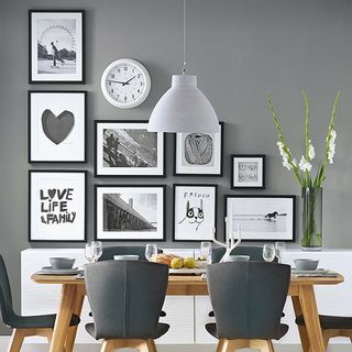 grey dining room with pictures triangle format