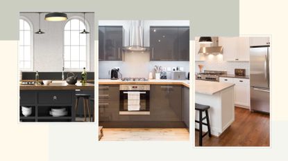 compilation image of three kitchens on a framed background to show kitchen trends to avoid 2023