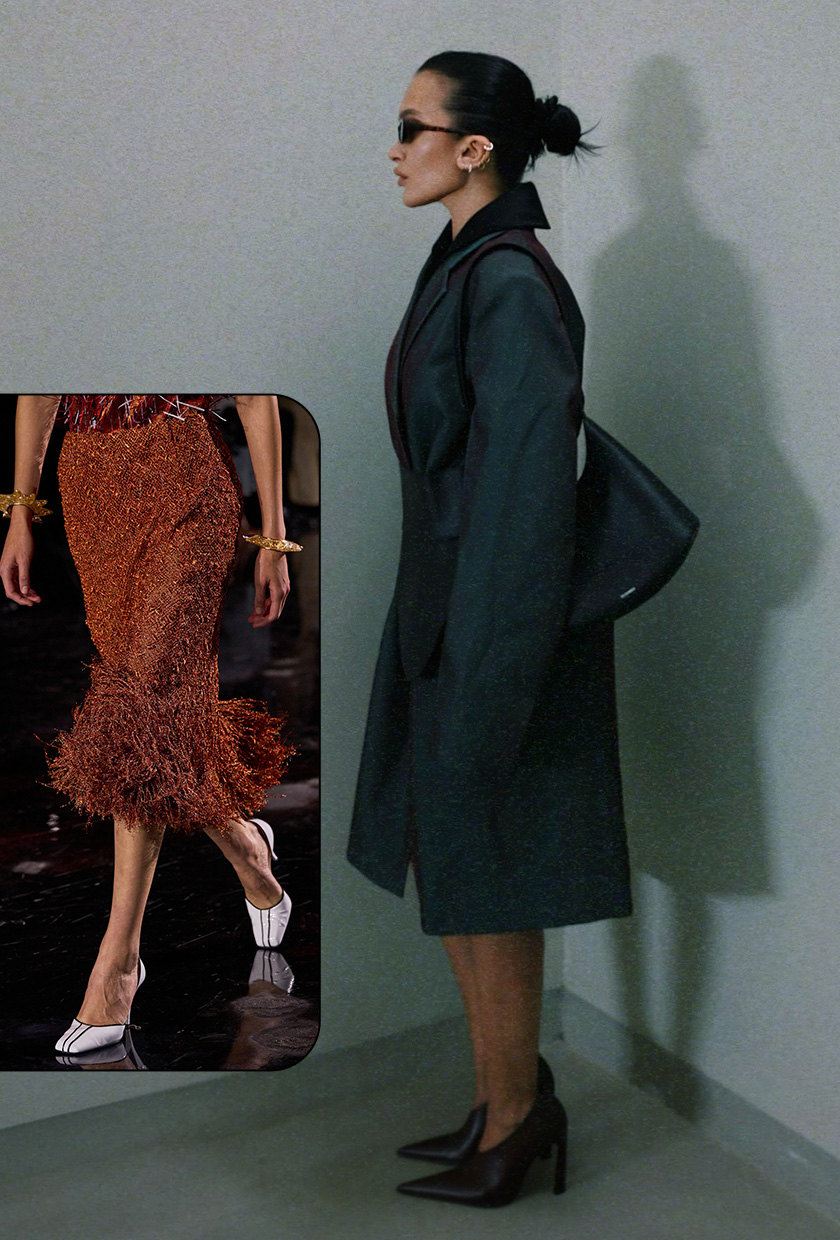 Shoe trends to wear with leggings, jeans, and skirts are shown in a collage of runway and street style images. On the left, a small close-up photo of Chanel's spring 2026 collection shows a model wearing an orange fringe skirt with gold bangles and white and black high vamp pumps. On the right, a photo of a woman is standing in a stairwell wearing black sunglasses, a silver ear cuff, a gray coat styled as a dress worn with a black corset belt, black hobo bag, and black high vamp heels
