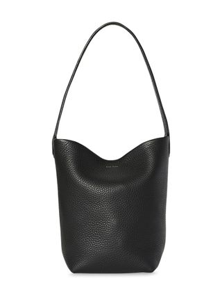 A black leather tote bag.