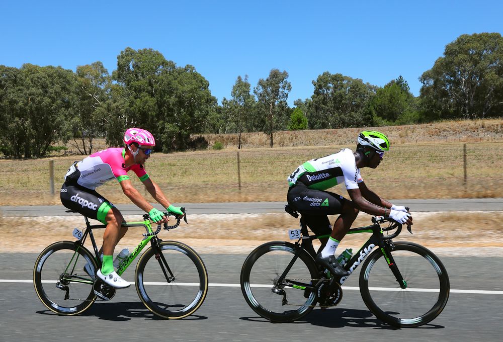 Will Clarke and Nickolas Dlamini in the breakaway during stage 1 at the tour Down Under