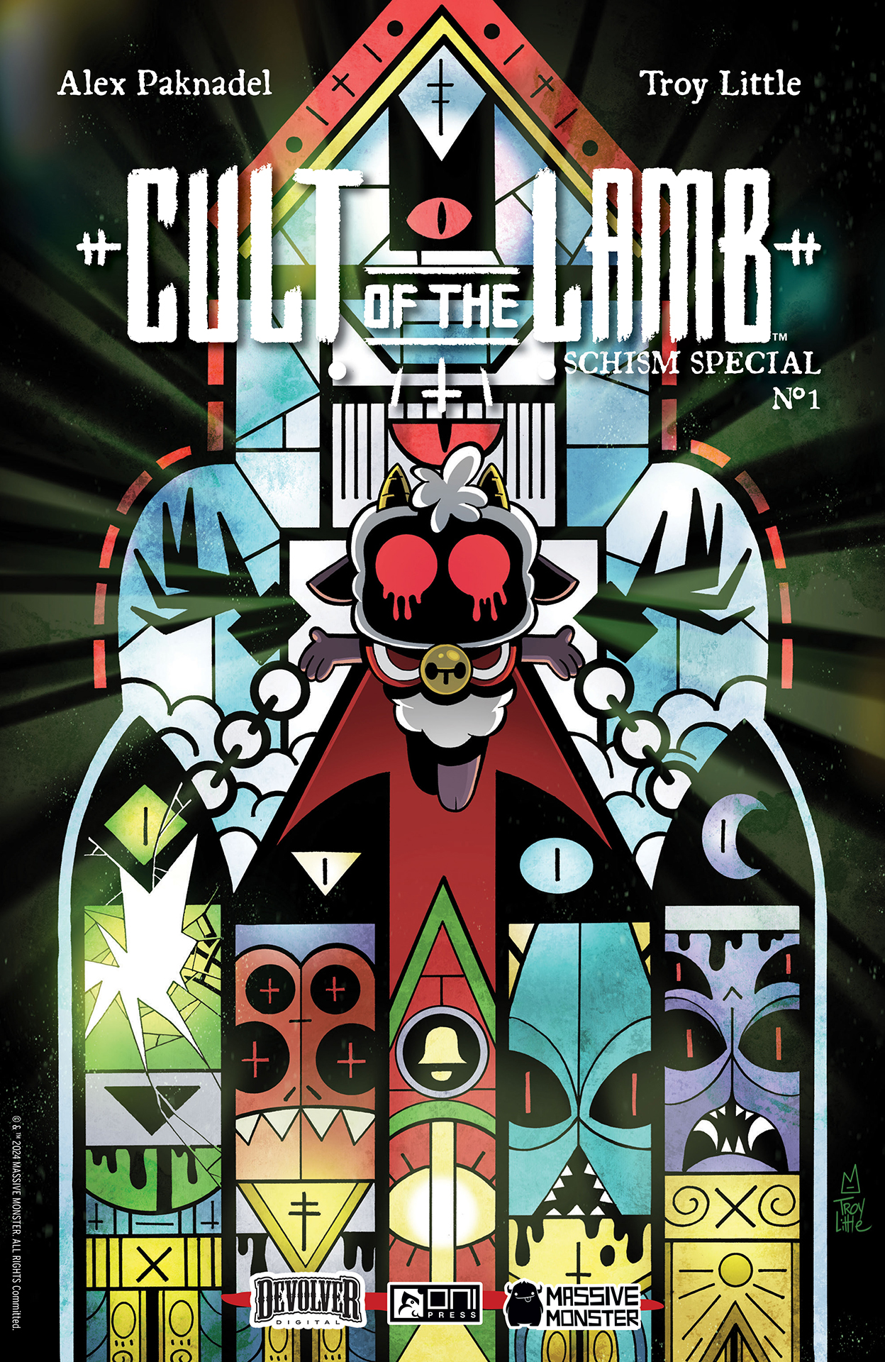 A stained glass window of The Lamb on Troy Little's cover of Cult of the Lamb: Schism Special #1