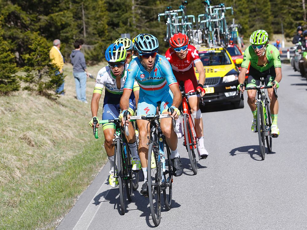 Vincenzo Nibali (Astana) leads the GC contenders up the final climb