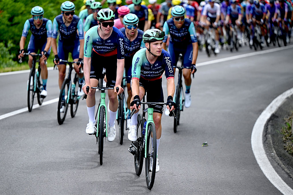 CORNO ALLE SCALE, ITALY - MAY 17: Rasmus Sojberg Pedersen of Denmark and Team Decathlon CMA CGM leads the peloton during the 109th Giro d&amp;amp;apos;Italia 2026, Stage 9 a 184km stage from Cervia to Corno alle Scale 1469m / #UCIWT / on May 17, 2026 in Corno alle Scale, Italy. (Photo by Dario Belingheri/Getty Images)