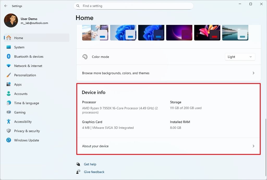 Settings home Device info card