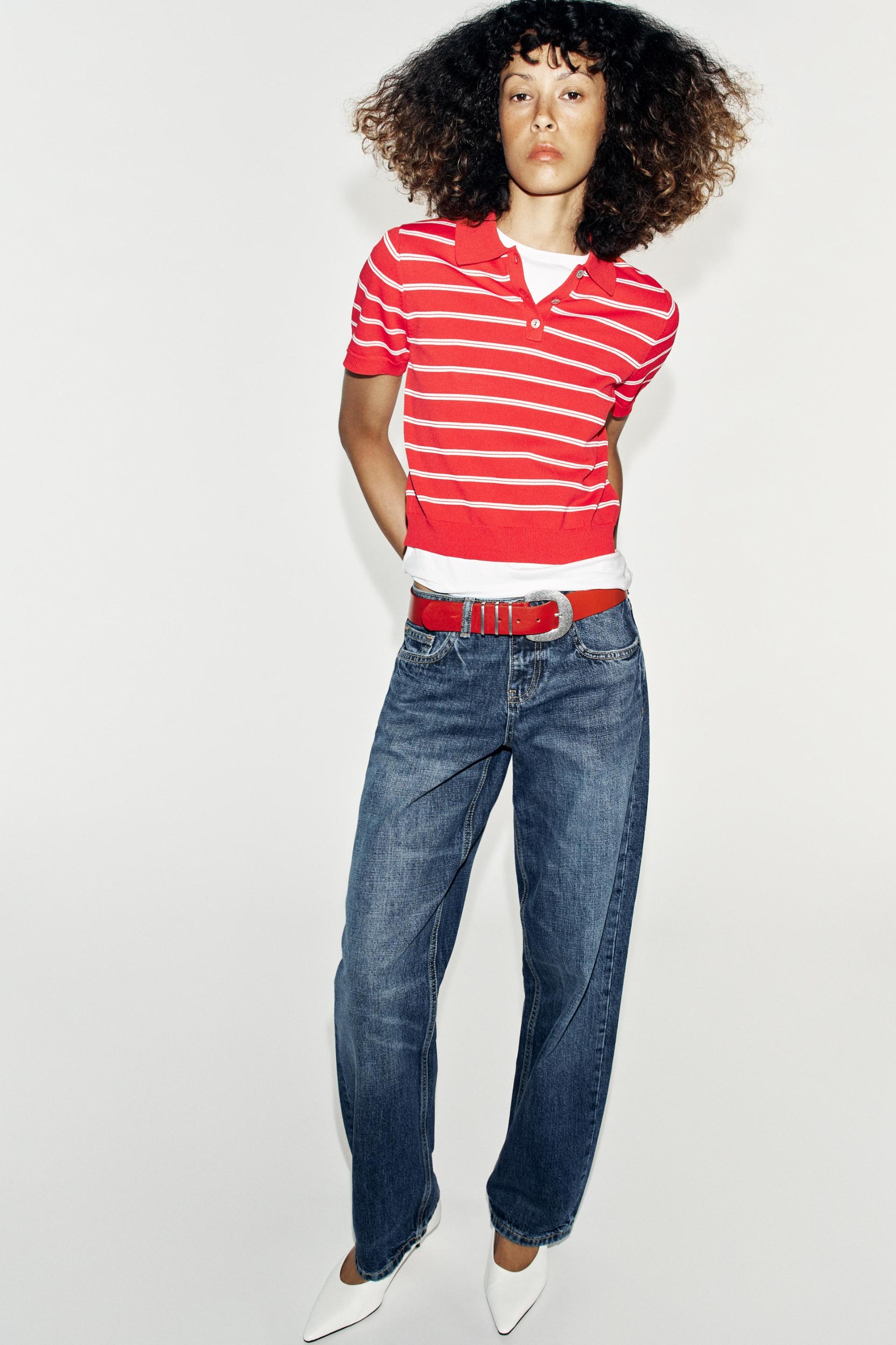 Striped Short Sleeve Knit Polo Shirt - Red - S