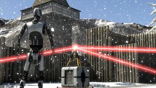 Best puzzle games — In The Talos Principle, a robotic drone surveys a deployed refractor that's directing a series of light beams.
