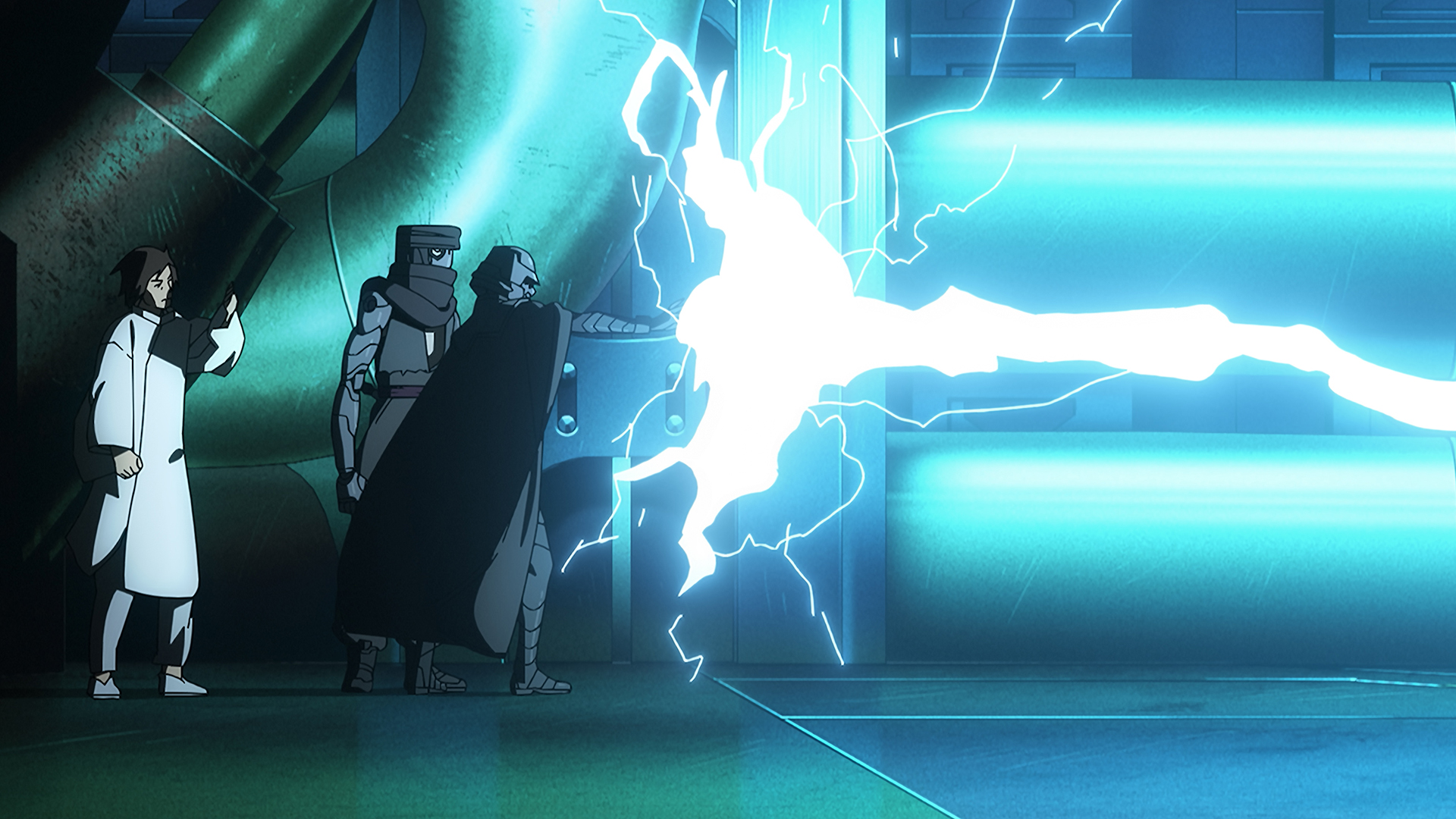 cartoon characters in robes fight with colorful laser swords