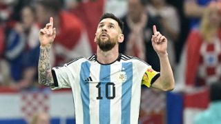 Argentina captain Lionel Messi celebrates his goal against Croatia