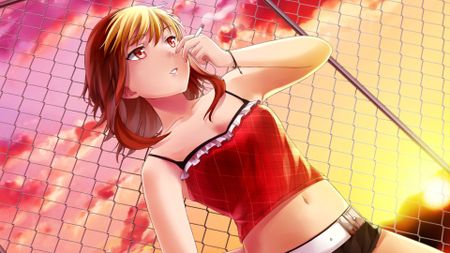 An anime-style drawing of a woman smoking a cigarette in front of a chain-link fence from the adult puzzle game HuniePop