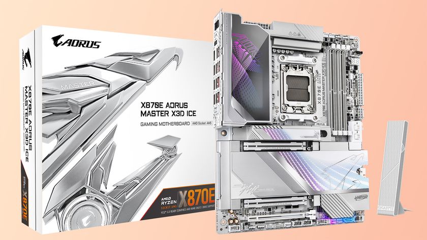 The Gigabyte X870E Aorus Master X3D Ice motherboard on a gradient background.