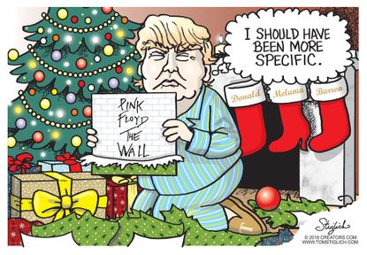 Political cartoon U.S. Trump border wall The Wall Pink Floyd Christmas gift