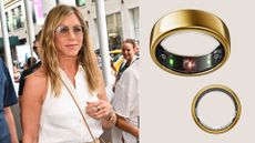 Jennifer Aniston walking in New York during filming, wearing the Oura Ring 3, next to product shots of the Oura Ring on sale for Black Friday 2024