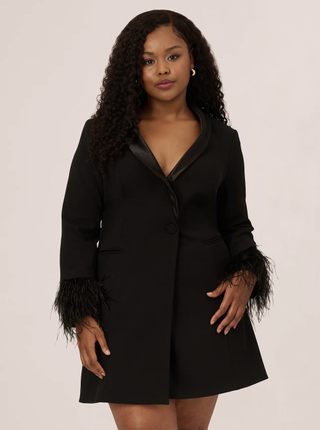 Plus Size Knit Crepe Long Sleeve Blazer Dress With Feather Trim In Black