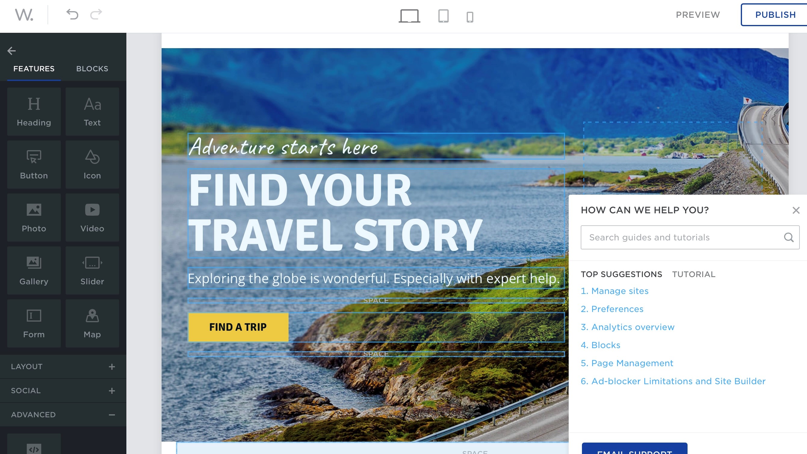 Screenshot of a travel blog on Web.com dashboard with support function the bottom right