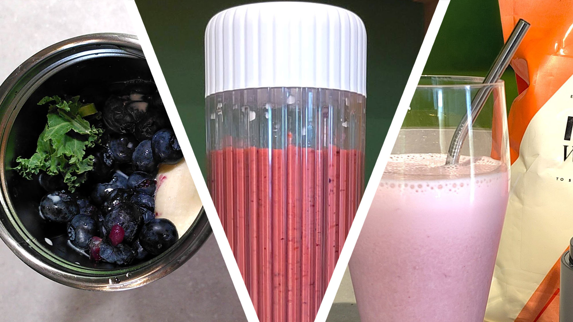 Smoothie ingredients, protein smoothie in blender, and protein smoothie in glass with straw