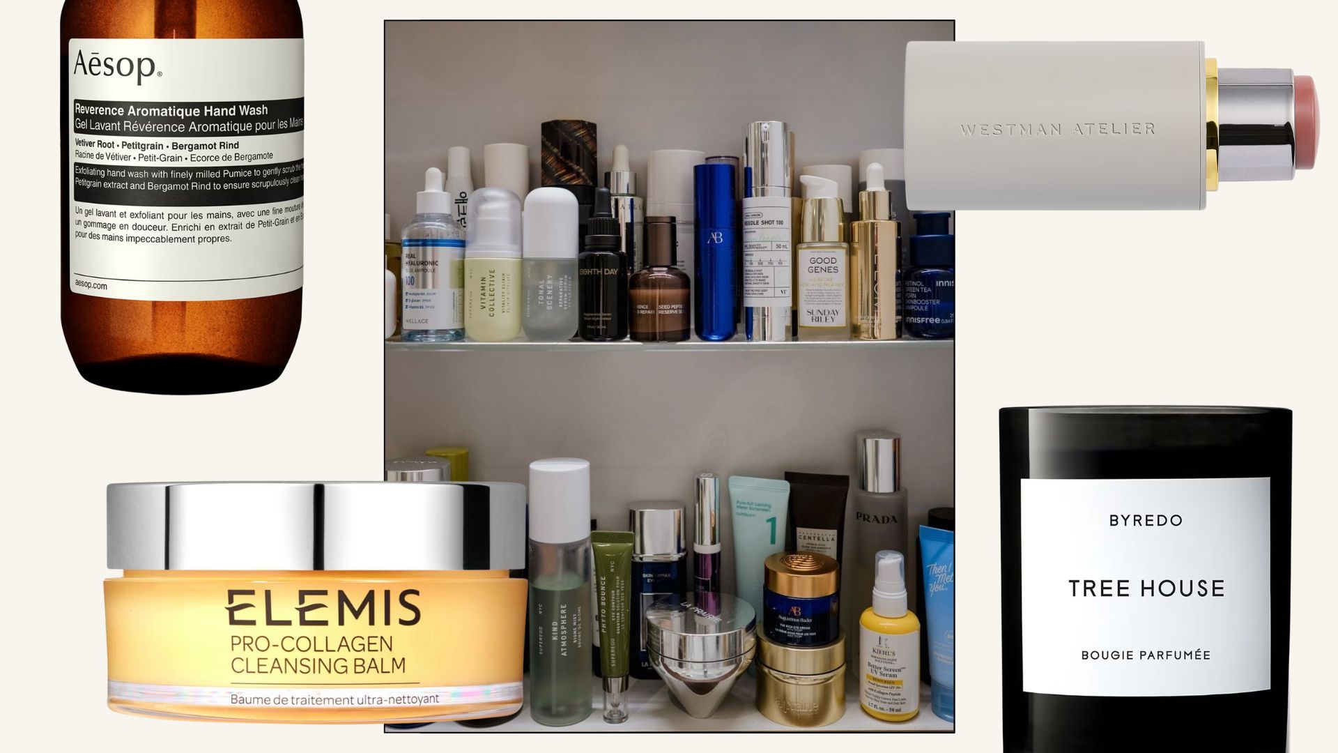 A beauty product shelfie from @eggcanas, surrounded by product cut outs of Space NK Black Friday Deals such as Aesop hand soap, Elemis cleansing balm, Byredo candle and Westman Atelier blusher