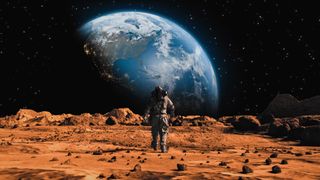 How long does it take to get to Mars? This graphic illustration of an astronaut on Mars looking back at Earth makes the red Planet look a lot closer than it is..