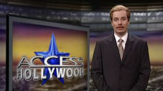 Jimmy Fallon impersonating Pat O'Brien in front of the Access Hollywood logo on SNL