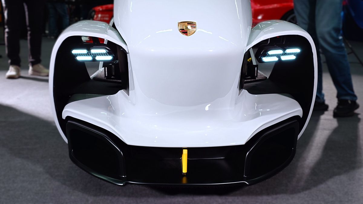 Closeup photo of the ImSim Porsche Raceborn simulator showing the Porsche logo