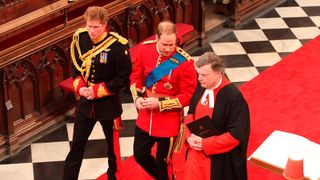 Prince William, accompanied by best man Prince Harry, arrives for his Royal Wedding to Catherine Middleton