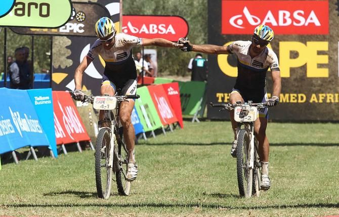 Thomas Dietsch and Tim Boehme of Bulls 2 celebrate after finishing in second place