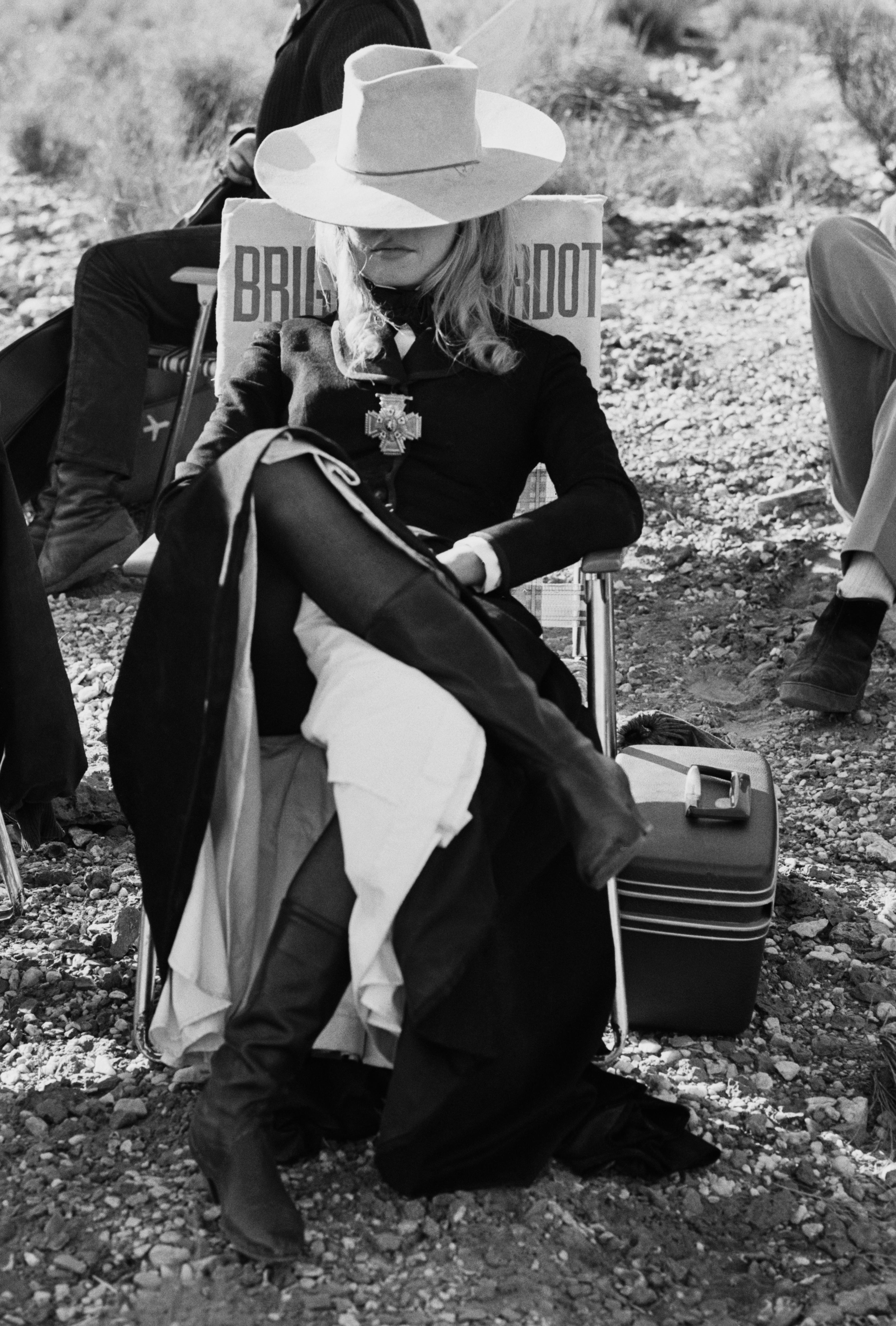 Brigitte Bardot, who plays Countess Irina Lazaar, relaxes on the set during the filming of the 1968 western film Shalaco. (Photo by Jacques Haillot/Apis/Sygma/Sygma via Getty Images)