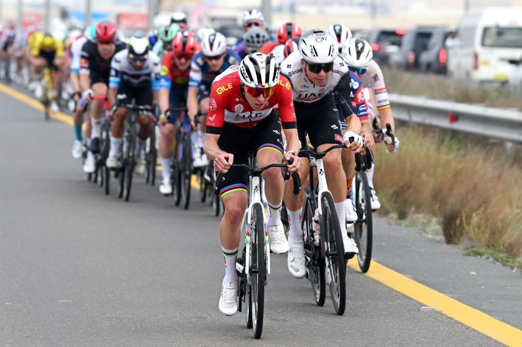 QIDFA UNITED ARAB EMIRATES FEBRUARY 20 Tadej Pogacar of Slovenia and UAE Team Emirates Red Leader Jersey competes during the 7th UAE Tour 2025 Stage 4 a 181km stage from Fujairah Qidfa Beach to Umm al Quwain UCIWWT on February 20 2025 in Fujairah Qidfa Beach United Arab Emirates Photo by Dario BelingheriGetty Images