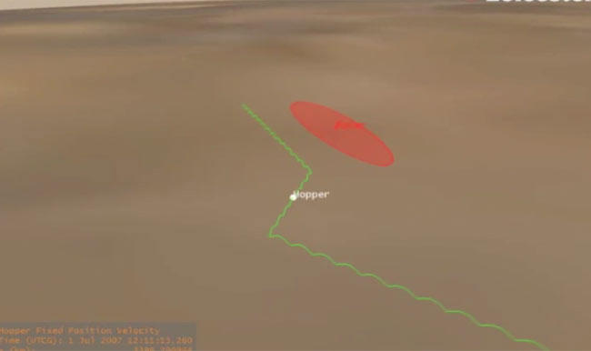 A hopping spacecraft powered by radioactivity could travel much farther (shown in green) than a typical Mars rover (range shown in red).