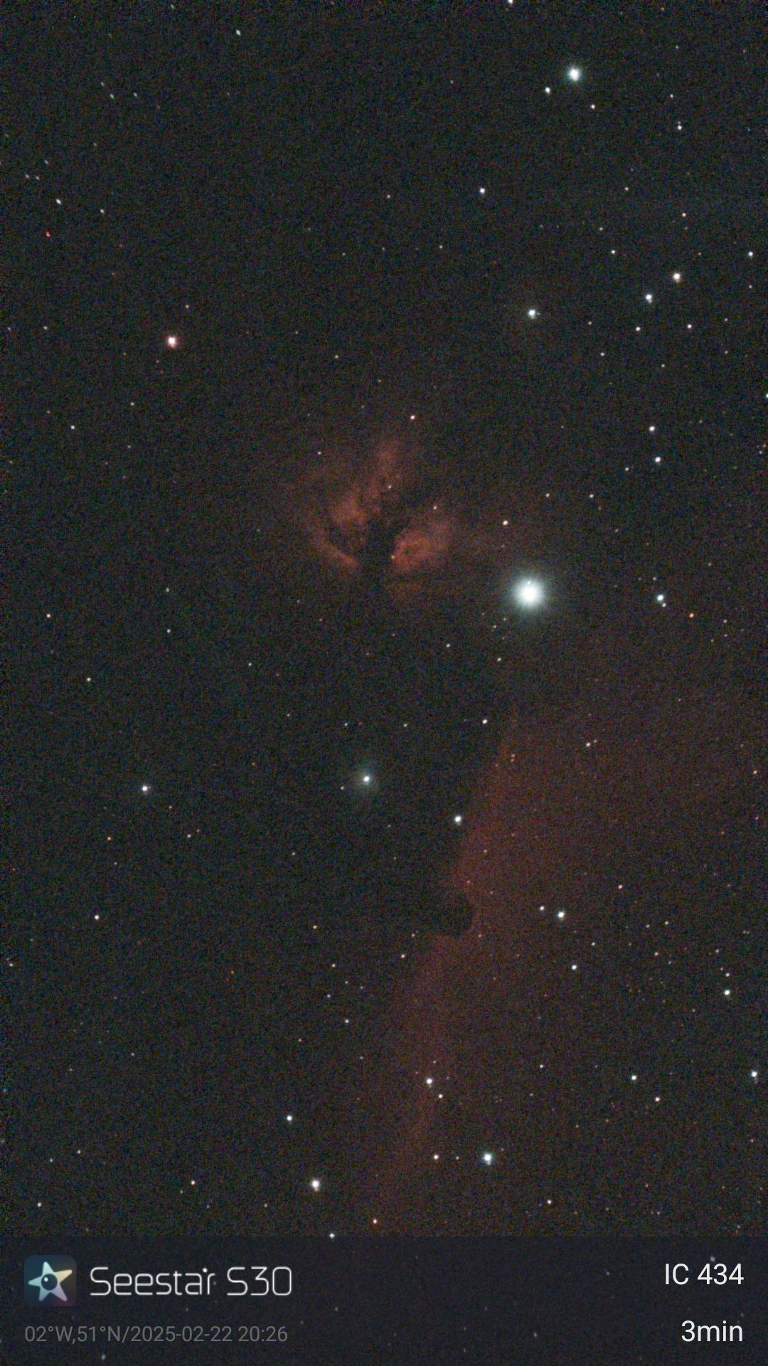 Astro shot of the Flame Nebula and the Horsehead Nebula taken with the ZWO Seestar S30 smart telescope.