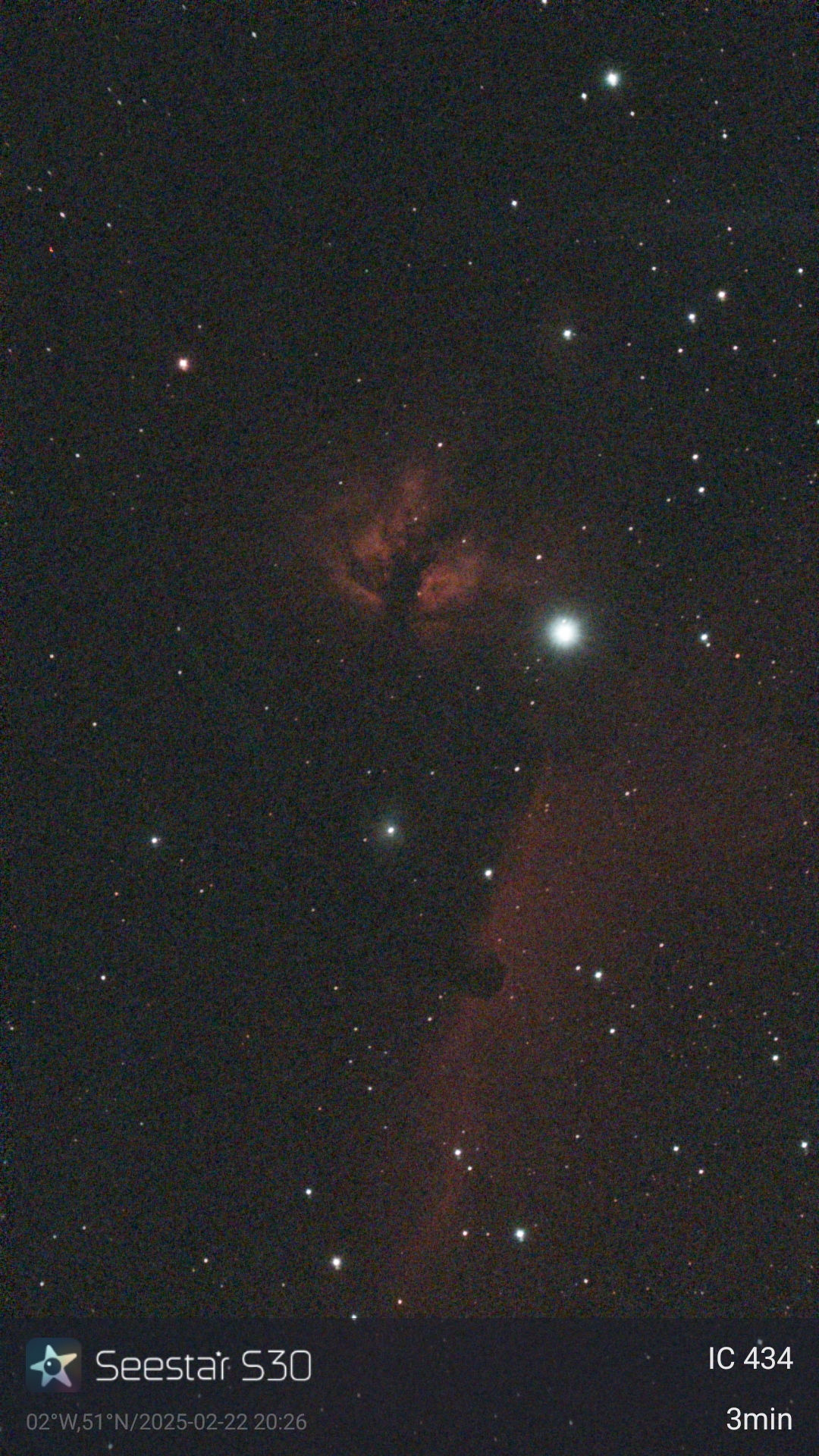 Astro shot of the Flame Nebula and the Horsehead Nebula taken with the ZWO Seestar S30 smart telescope.