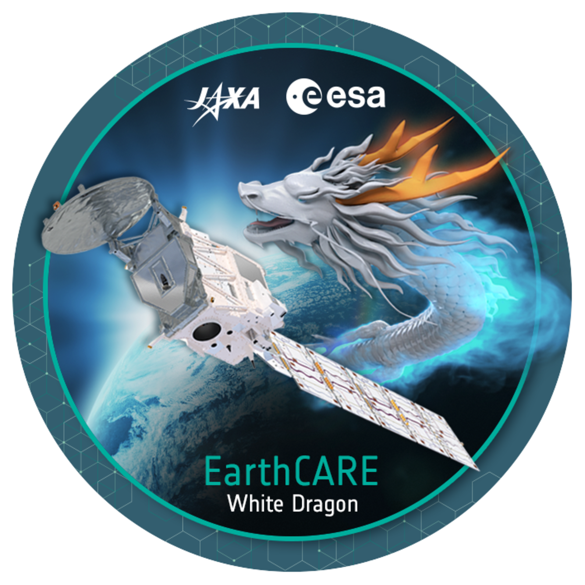badge graphic for earthcare mission. A white dragon and a satellite soar above Earth.