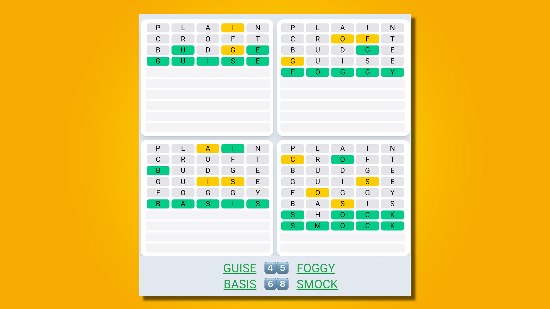 Quordle Daily Sequence Answers for Game 508 on Yellow Background