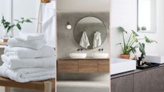 compilation of three bathrooms showing a pile of fluffy white towels, a round mirror above a double sink unit and a double sink vanity unit with a plant to suggest how to make a bathroom look expensive on a budget