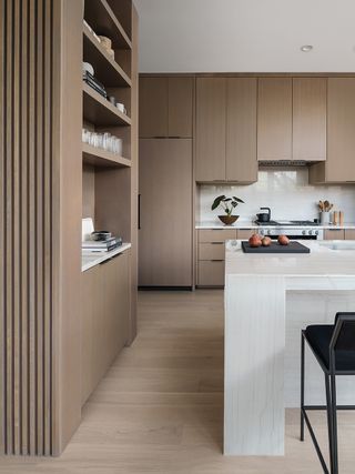 brown kitchen cabinets with open shelving