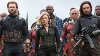Chris Evans, Taraja Ramsess, Scarlett Johansson, and Sebastian Stan line up for battle in Avengers: Infinity War.