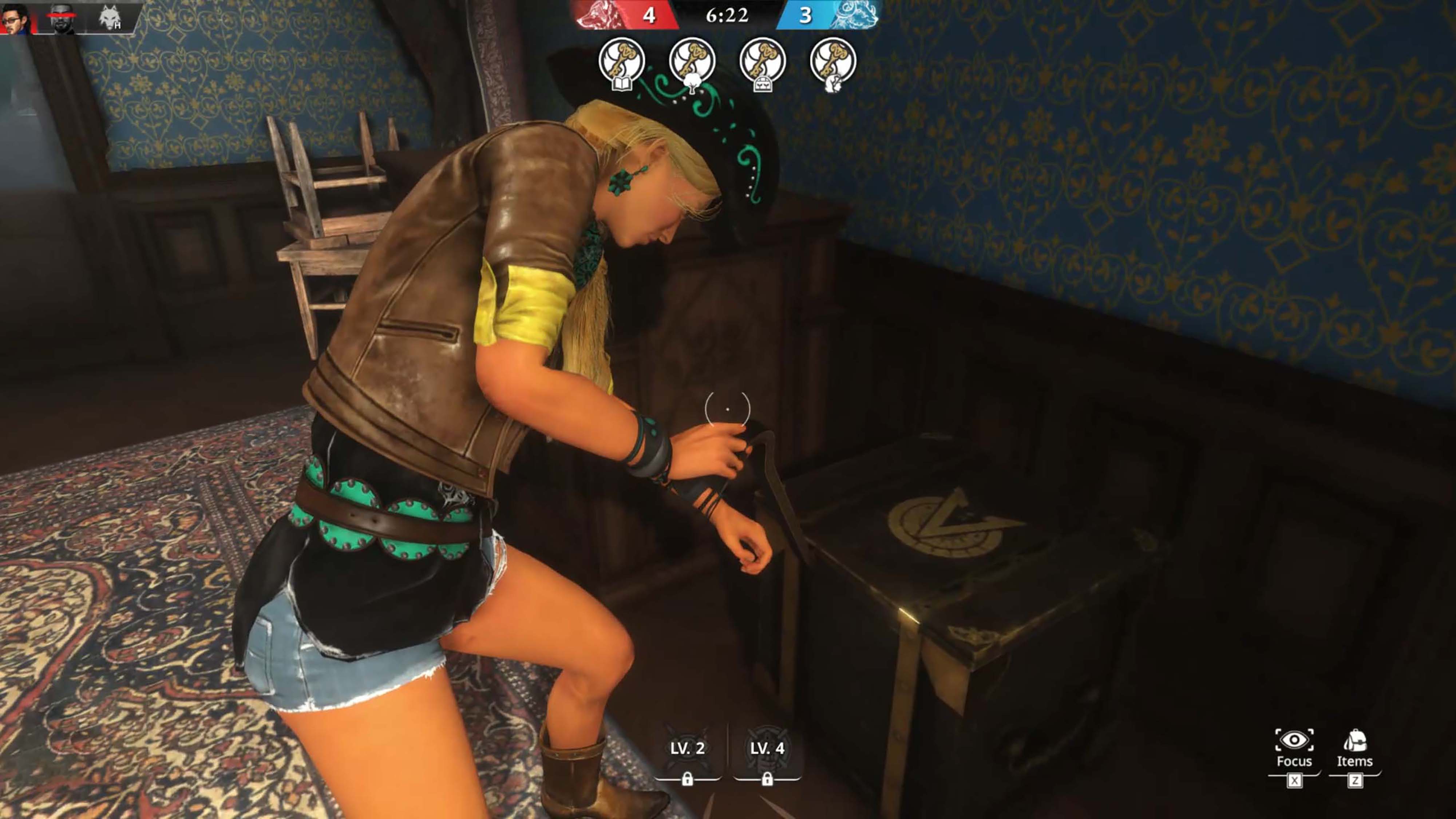 A screenshot from Killer Inn depicting a character using a crowbar to open a box.