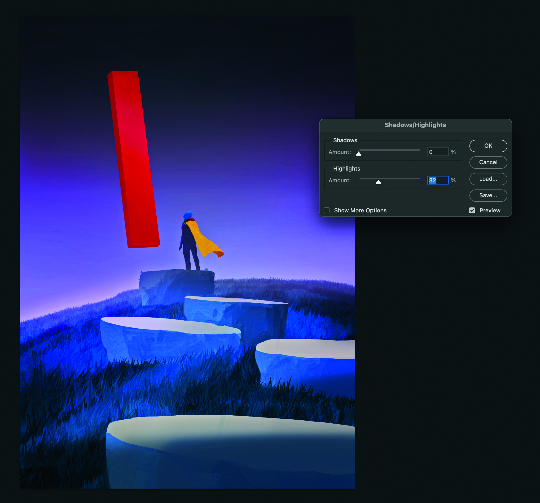 Part of the process of making digital art in Photoshop. The artwork shows a lone figure in a surreal dreamscape