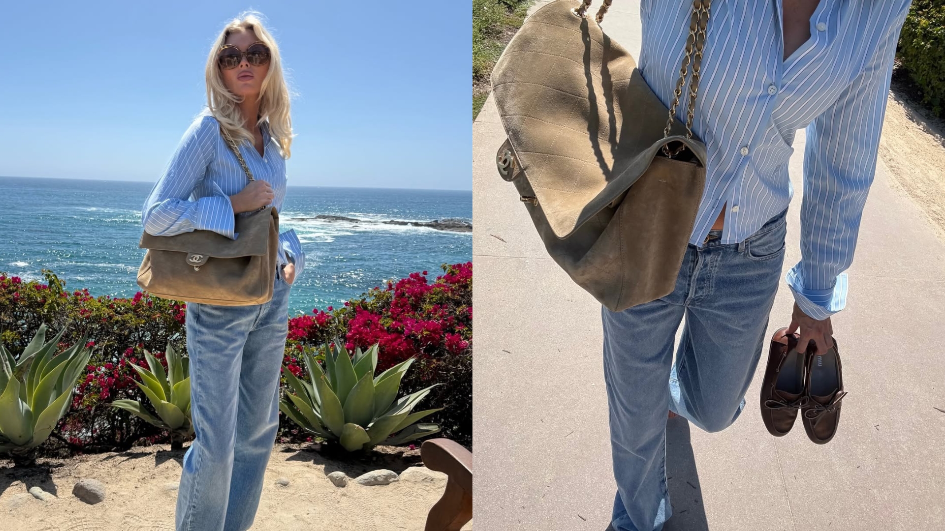 Model Elsa Hosk wears a blue button down shirt with blue jeans, boat shoes and a Chanel tote bag.