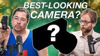 James Artaius and Mike Harris with silhouette of camera between them with question mark and the text 'Best-looking camera?' in front of green and gold bokeh background 