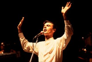 A picture of David Byrne performing with Talking Heads