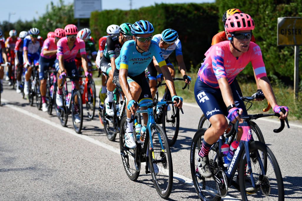 FOLLONICA ITALY SEPTEMBER 08 Lawson Craddock of The United States and Team EF Pro Cycling Oscar Rodriguez Garaicoechea of Spain and Astana Pro Team during the 55th TirrenoAdriatico 2020 Stage 2 a 201km stage from Camaiore to Follonica TirrenAdriatico on September 08 2020 in Follonica Italy Photo by Justin SetterfieldGetty Images