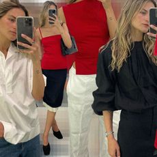 A collage of overlapping mirror photos of Eliza Huber at COS, showcasing new pieces for summer.