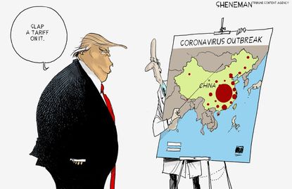 Political Cartoon U.S. Trump China Coronavirus tariffs virus problem solving