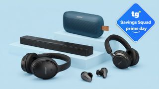 a composite image of bose gear including bose quietcomfort ultra and bose soundlink flex 2 on a blue background with a tom's guide prime day badge