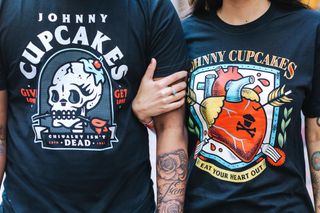 People wearing Johnny Cupcakes t-shirts with tattoo art-style designs
