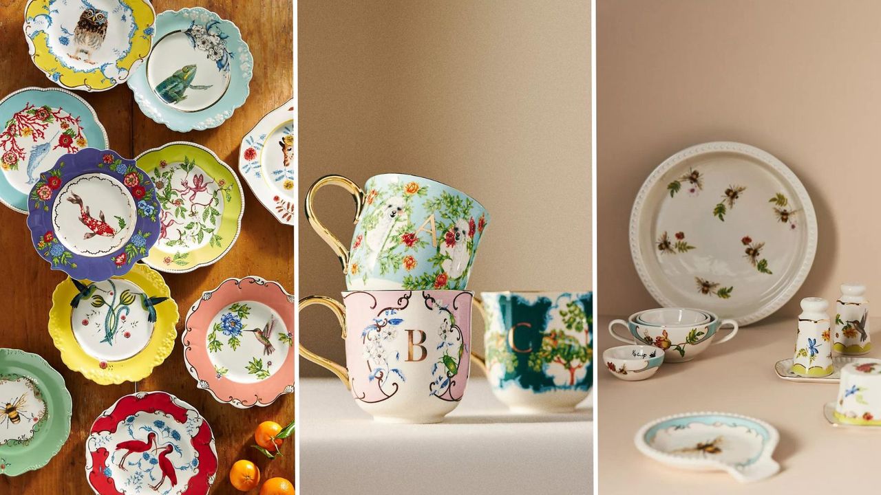 Lou Rota&#039;s kitchen collection from Anthropologie with natured-inspired themes, including floral dishes, mugs with bugs and animals, and similar bakeware