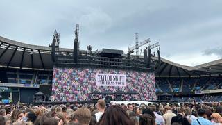 View from the pitch of the Eras Tour stage at Murrayfield Stadium, Edinburgh